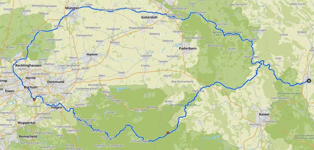 Göttingen - Weser - Euroradweg R1 - quer durchs Ruhrgebiet - Ruhrradweg - Diemelradweg - Weser - Göttingen - 694,60 km / 4.336 Höhenmeter
